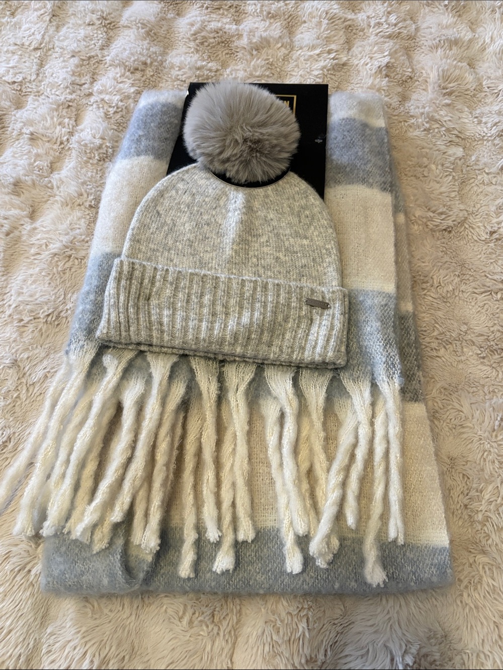 Steve Madden Gray Pom Beanie and Scarf Set - Cozy Winter Accessories